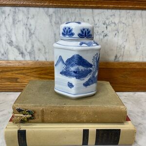 vintage hexagonal Chinese blue and white porcelain ginger jar